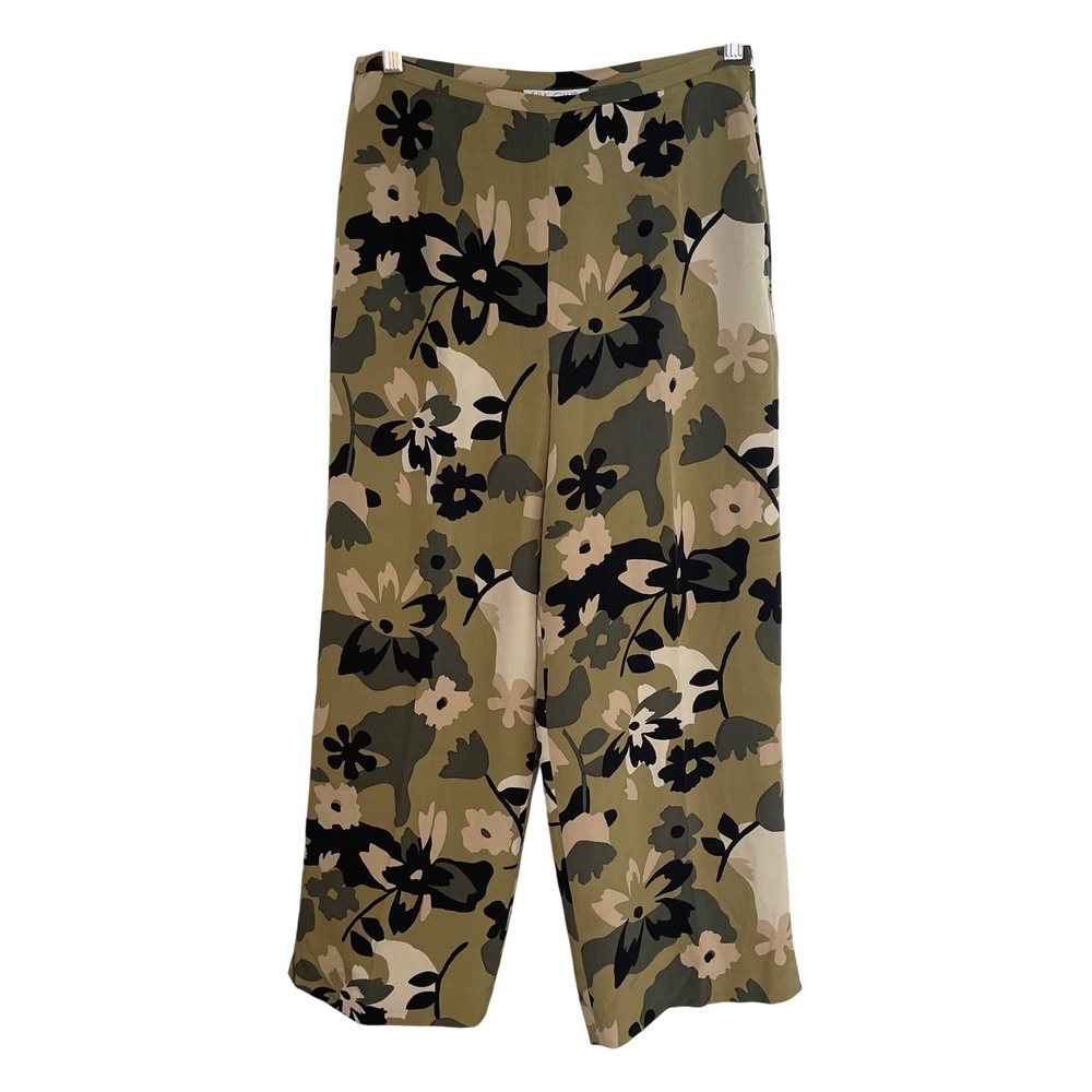 Silk Club Collection Olive Green Floral Wide Leg Silk Trousers Size 8
